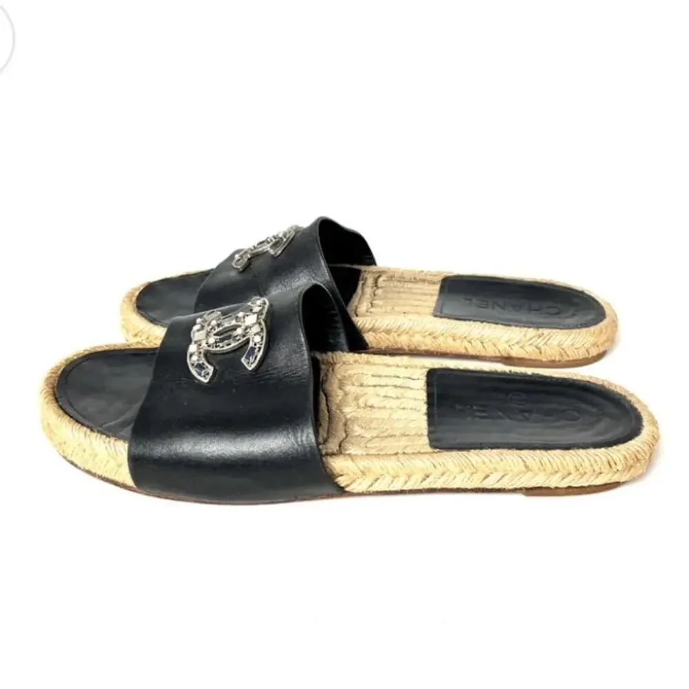 CHANEL 2017 Espadrille Black CC Logo Leather Slip on Slides Sandals 41 11 10.5 - Picture 3 of 9